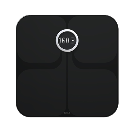 Fitbit Aria scale with a weight shown on the screen